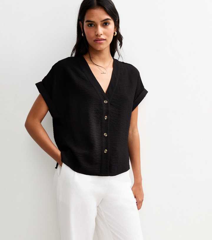 Black Button Through Short Sleeve Top