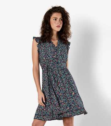 Apricot Navy Floral Print Ruffle Trim Mini Dress