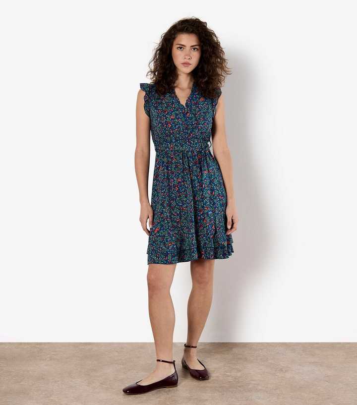 Apricot Blue Floral Print Ruffled Dress
