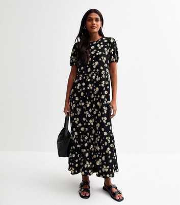 Black Crinkle Texture Daisy Print Bow Back Midi Dress