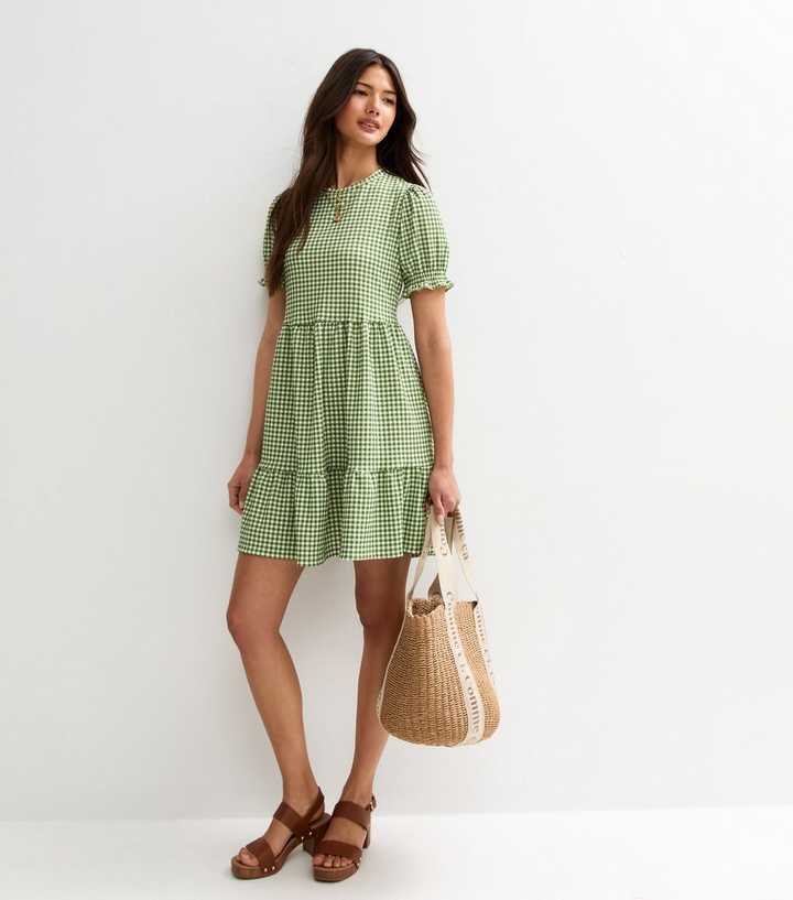 green gingham golf dress Clover Puff Sleeve Gingham Mini Dress • Shop American Threads Boutique White / S main image 0