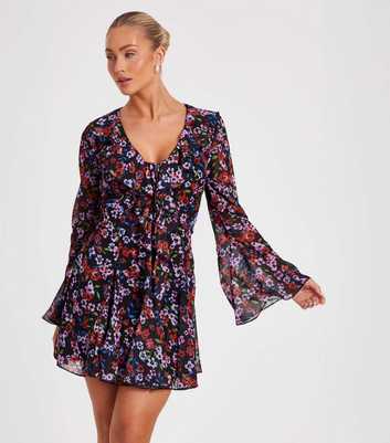 QUIZ Black Chiffon Floral Skater Mini Dress