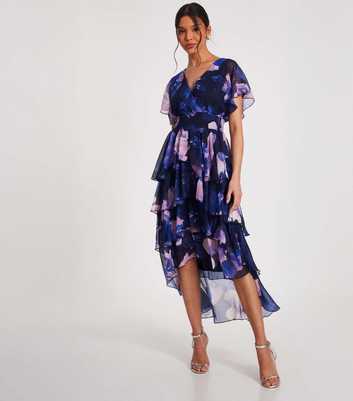 QUIZ Navy Floral Print Dip Hem Midi Dress