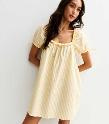Yellow Stripe Print Frill Trim Square Neck Poplin Mini Dress