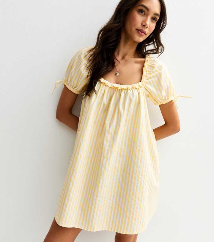 Yellow Stripe Print Frill Trim Square Neck Poplin Mini Dress