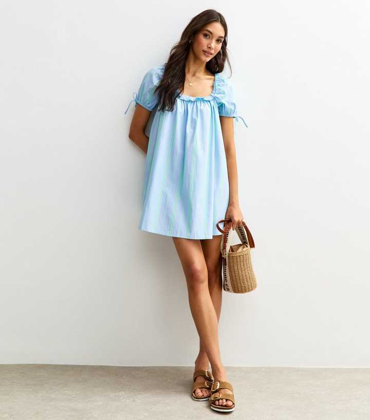 Blue Stripe Print Frill Trim Square Neck Poplin Mini Dress