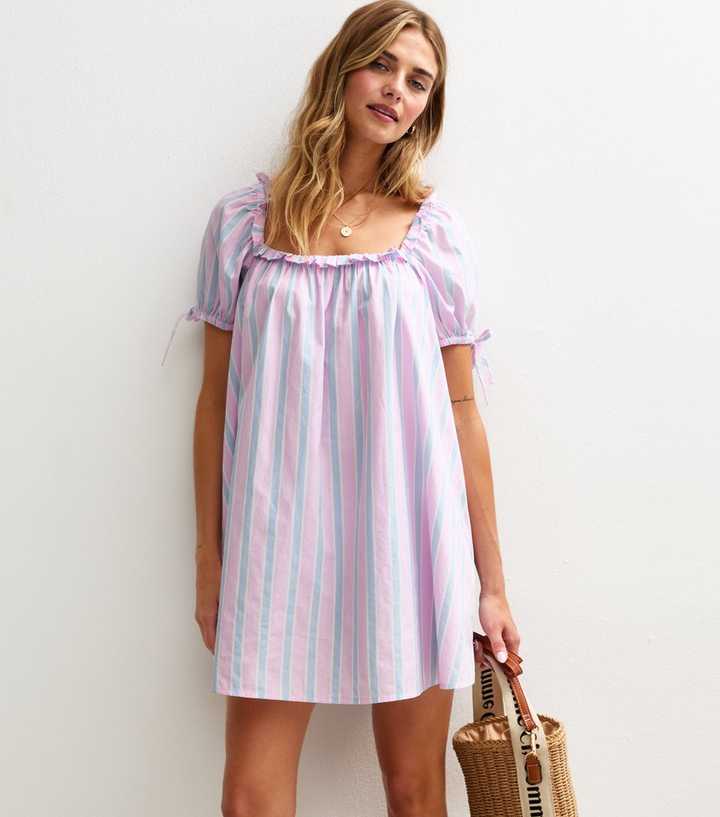 Pink Cotton Striped Frill Trim Square Neck Mini Dress