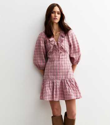 Pink Check Print Ruffle Collar Mini Dress