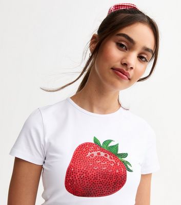 Girls White Embellished Strawberry Baby Tee T-Shirt | New Look