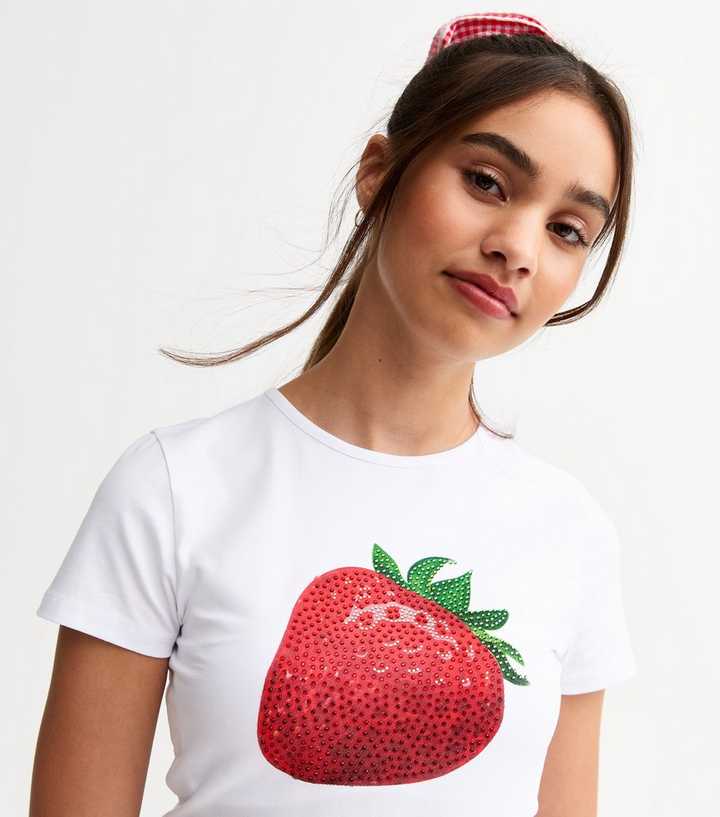 Girls White Embellished Strawberry Baby Tee T-Shirt