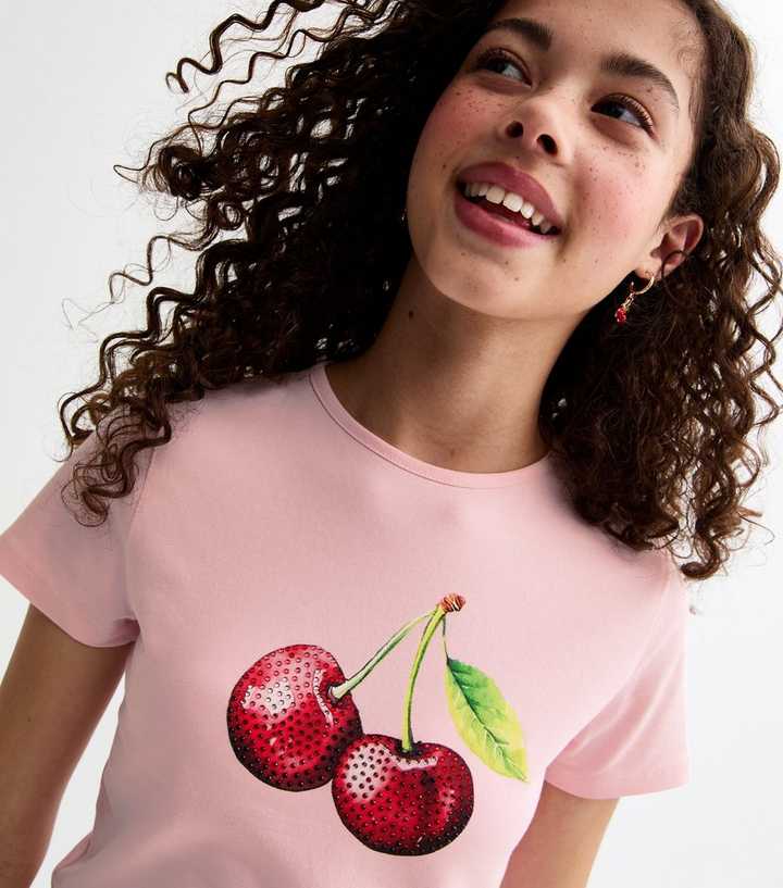 Girls Pink Embellished Cherry Print Baby Tee T-Shirt