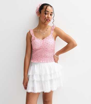 Girls Pink Floral Print Shirred Cami Top