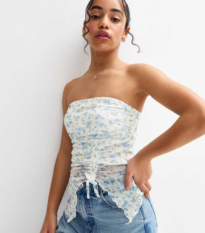 Girls White Floral Print Butterfly Hem Bandeau Top