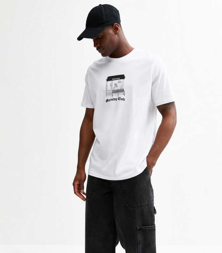 White Oversized Morning Club Printed T-Shirt