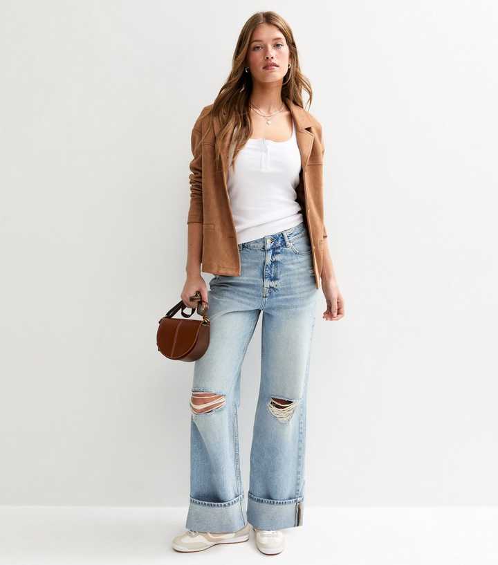 Light Blue Ripped Knee Wide Leg Turn Up Jeans