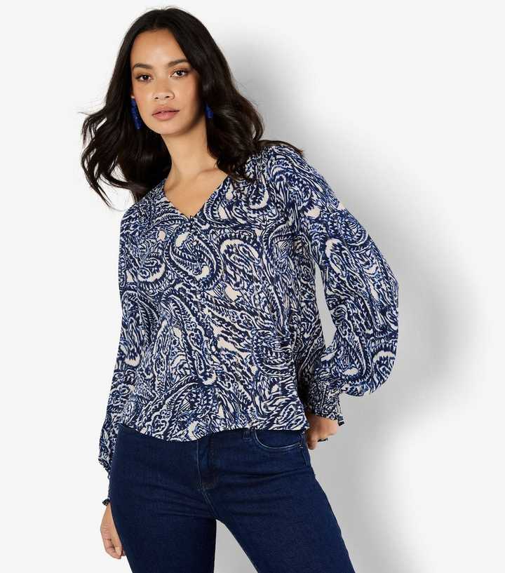 Apricot Navy Paisley Print Smock Detail Blouse