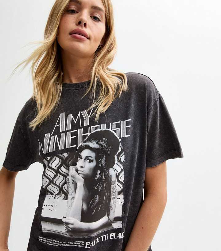Dark Grey Amy Winehouse Print Oversized Acid Wash T-Shirt