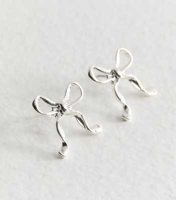 Silver Tone Bow Shape Large Stud Earrings