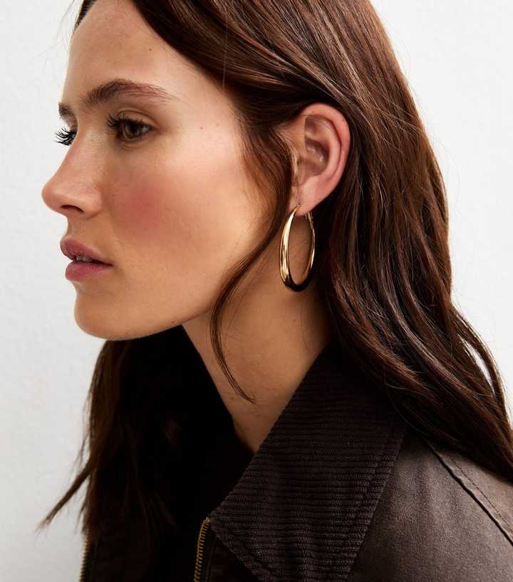 Gold Tone Tapered Large Hoop Earrings