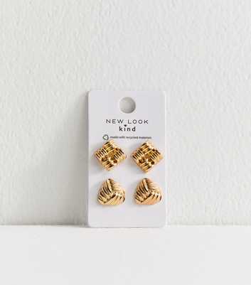 Gold Tone Pack of 2 Geometric Ribbed Stud Earrings