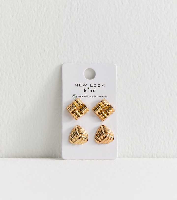Square Ribbed Earrings Gold Tone Pack of 2 Geometric Ribbed Stud Earrings | New Look
