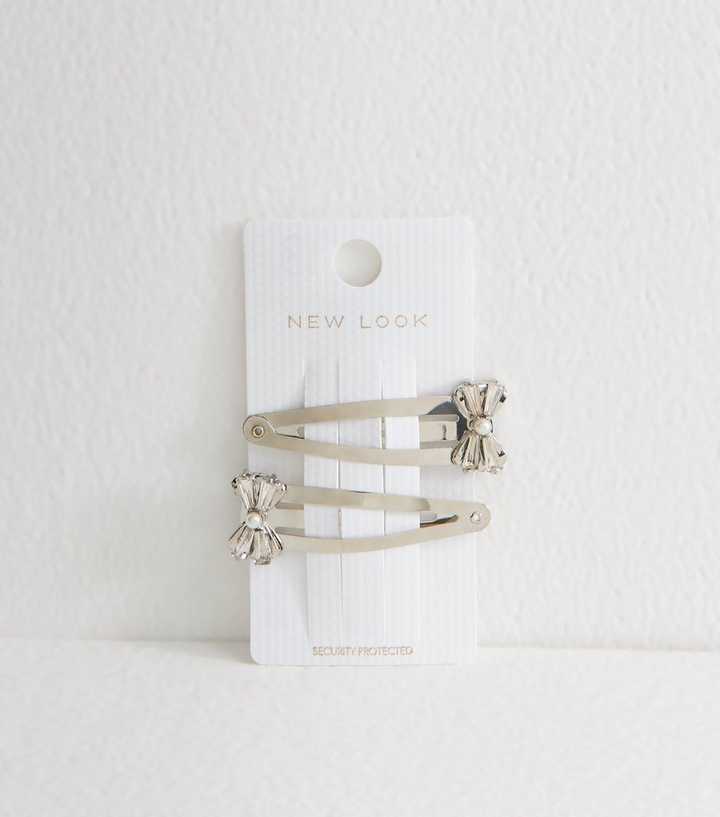 Pack of 2 Silver Metal Gem Embellished Bow Hair Slides