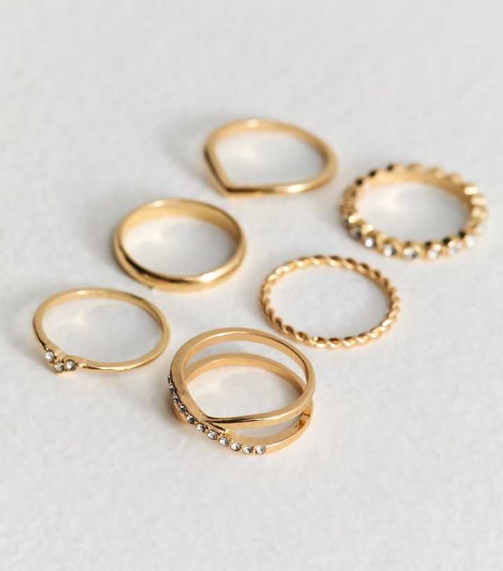 Gold Tone Pack of 6 Diamante Embellished Rings