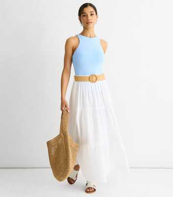 Gini London White Belted Tiered Maxi Skirt