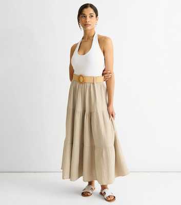 Gini London Beige Belted Tiered Maxi Skirt
