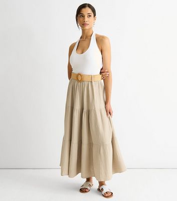 Gini London Beige Belted Tiered Maxi Skirt | New Look
