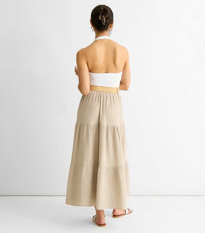 Gini London Beige Belted Tiered Maxi Skirt | New Look
