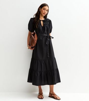 OPOIPIN Women's Mock Neck Pleated Short Dress - Puff Sleeve, Tie Waist, A-Line Casual Black Dress For Parties & Daily Wear - View #10
