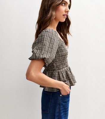Black Checked Crinkled Shirred Peplum Top | New Look