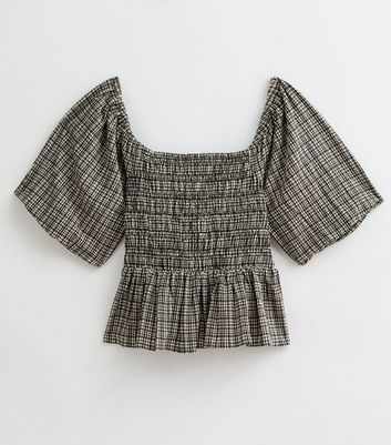 トップス for HER Checked Flared Peplum Top Black Checked Crinkled Shirred Peplum Top | New Look