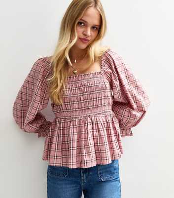 Pink Shirred Checked Frilly Trim Top