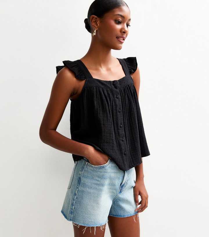 Black Frilly Sleeve Button Up Top