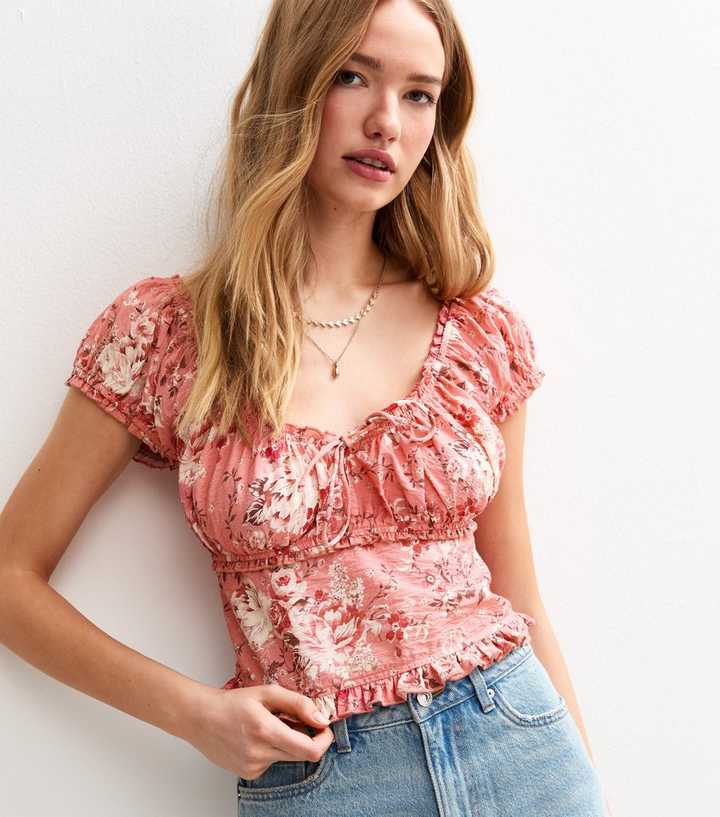Pink Floral Print Short Sleeve Milkmaid Top
