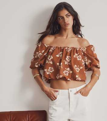 Brown Floral Print Puff Sleeve Crop Top