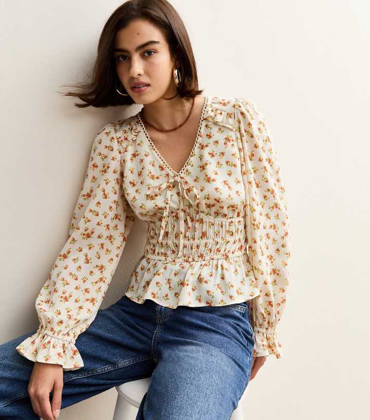 Cream Floral Print V-Neck Top