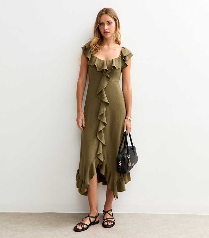 Khaki Ruffled Asymmetric Midi Dress