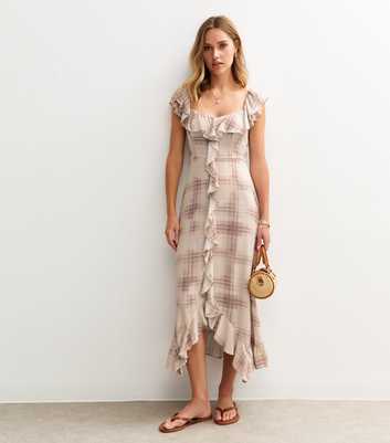 Cream Checked Ruffle Trim Midi Dress