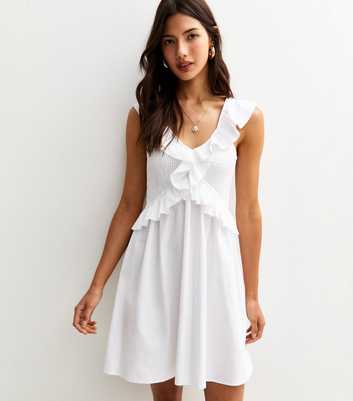 White Ruffle Trim Shirred Mini Dress