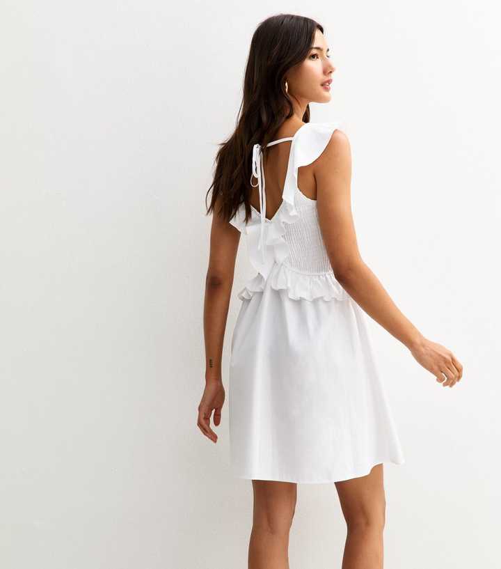 White Ruffle Trim Shirred Mini Dress | New Look
