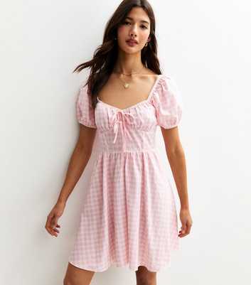 Pink Gingham Puff Sleeve Mini Dress