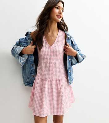 Pink Gingham V-Neck Button Up Mini Dress