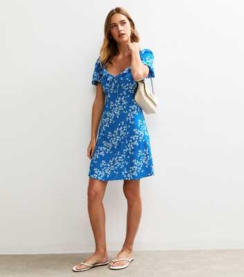 Blue Daisy Print Ruffle Trim Tie Mini Dress