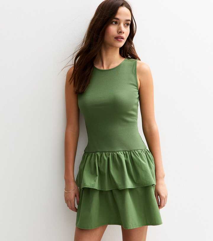 Green Ribbed Jersey Poplin 2 In 1 Mini Dress