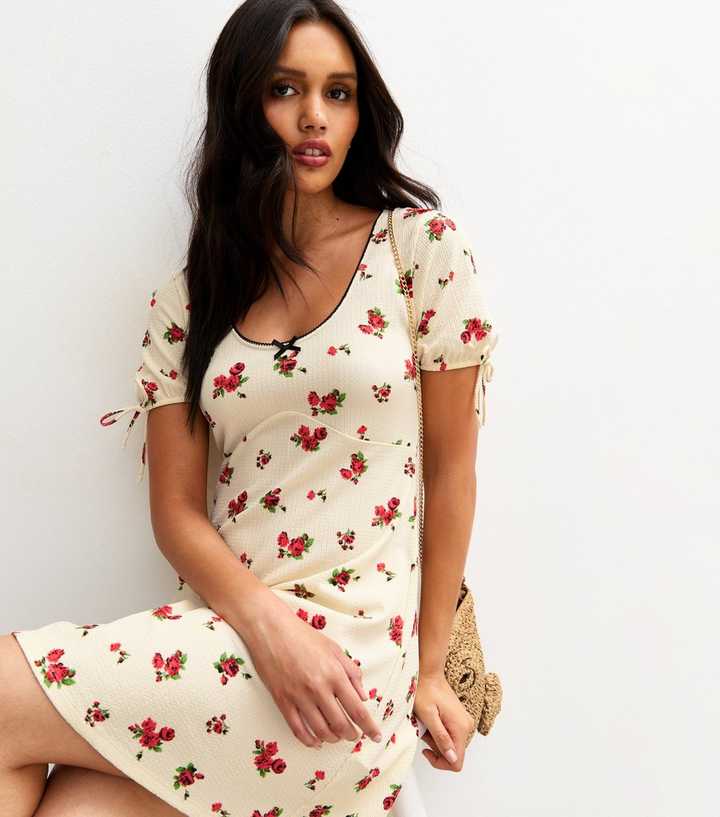 Cream Textured Jersey Floral Print Mini Dress