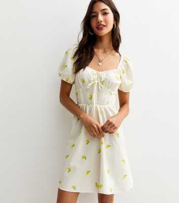 Cream Lemon Print Milkmaid Mini Dress