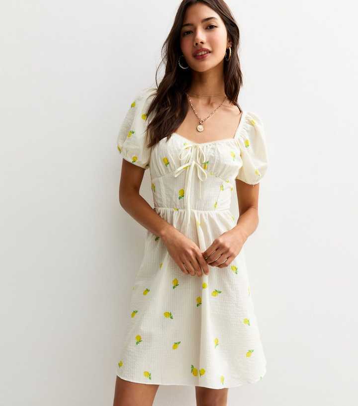 Cream Lemon Print Milkmaid Mini Dress